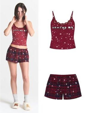 Unwrap Me Burgundy Lace-Trim Cami & Plaid Shorts Sleep Set